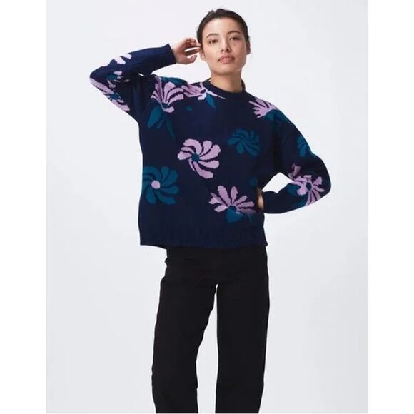 NWT! FOR DAYS Oversized Floral Crew Sweater in Dark Blue Floral Organic Cotton - Picture 2 of 2
